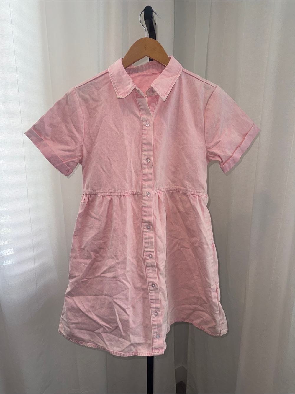 Pink Short-Sleeve Button-Front Mini Dress